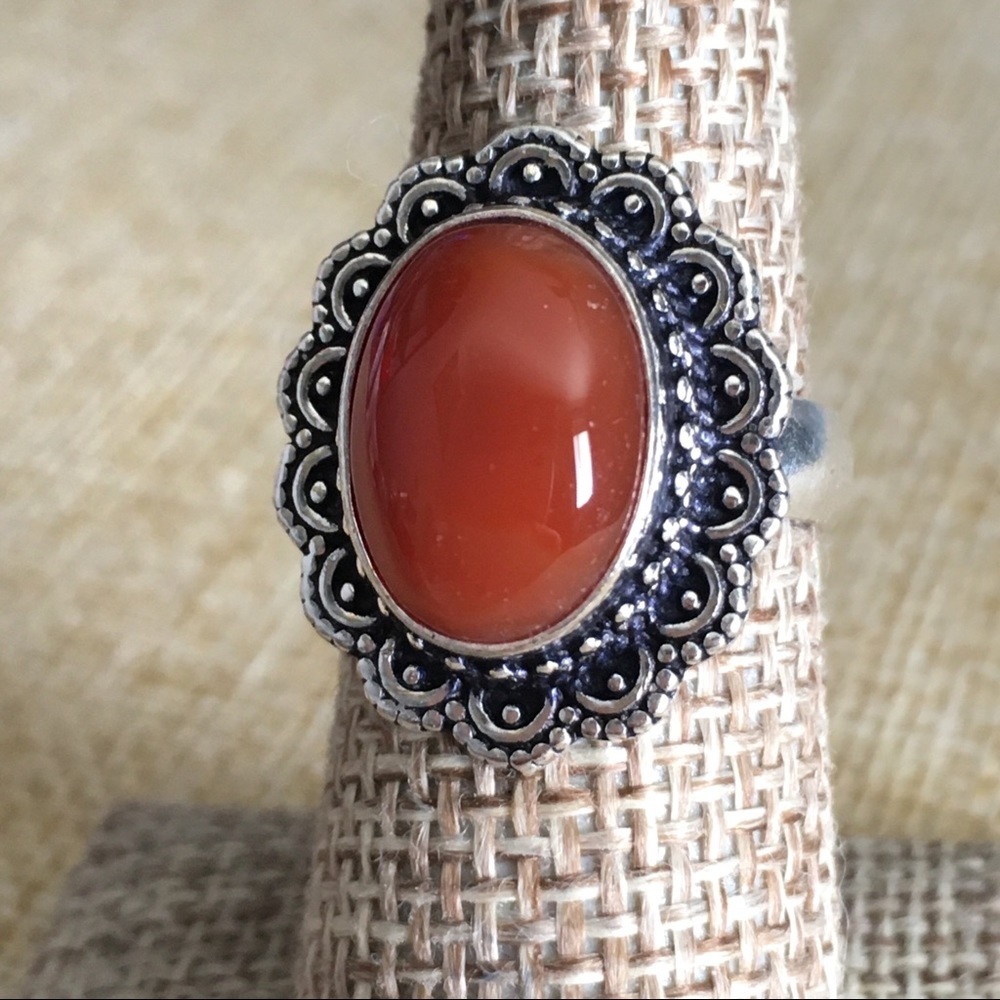 New Red Carnelian Crystal Stone Silver Overlay Ring Size 6.5